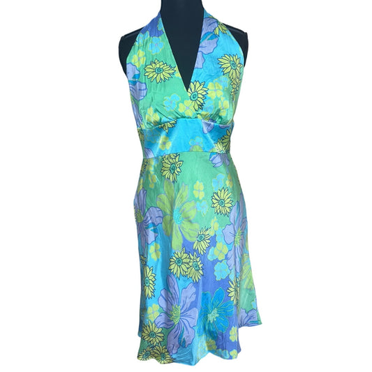 Jones New York y2k green blue floral halter silk midi dress SIZE 14