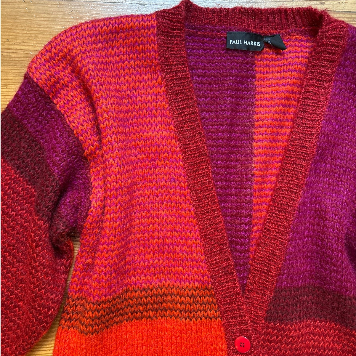 Paul Harris vintage red pink color block mohair button cardigan SIZE L
