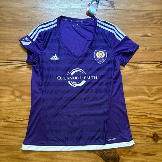 NWT Adidas Orlando City MLS purple white shirt sleeve womens jersey shirt SIZE L