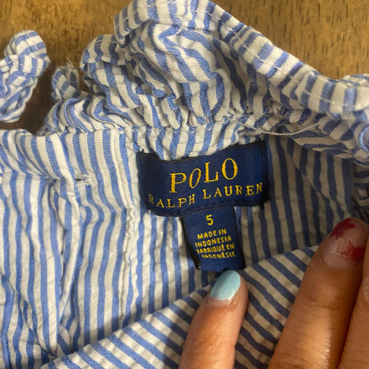 Polo Ralph Lauren blue seersucker sleeveless ruffle collar tiered dress SIZE 5