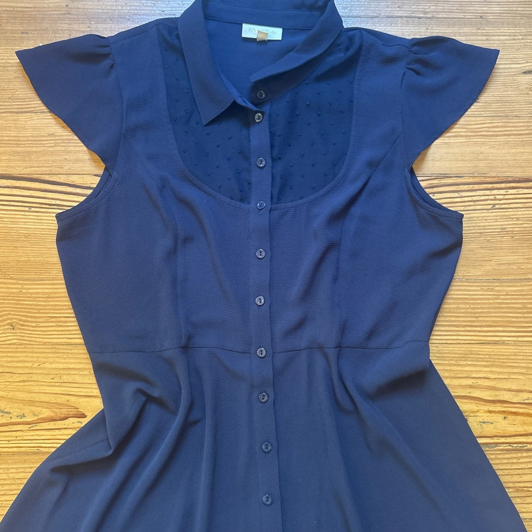 ModCloth dark blue button front flutter cap sleeve sheer accent dress SIZE XL