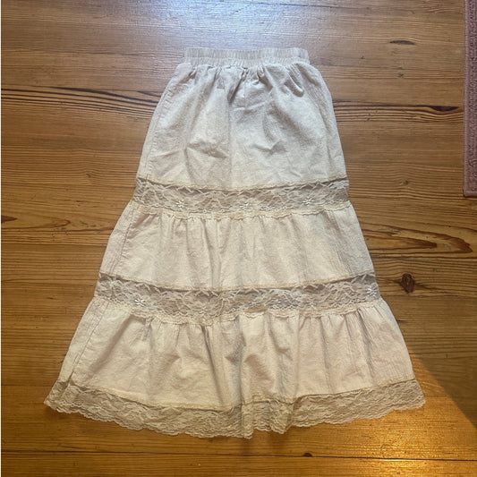 Shein beige boho tiered lace accent elastic waist midi skirt SIZE L