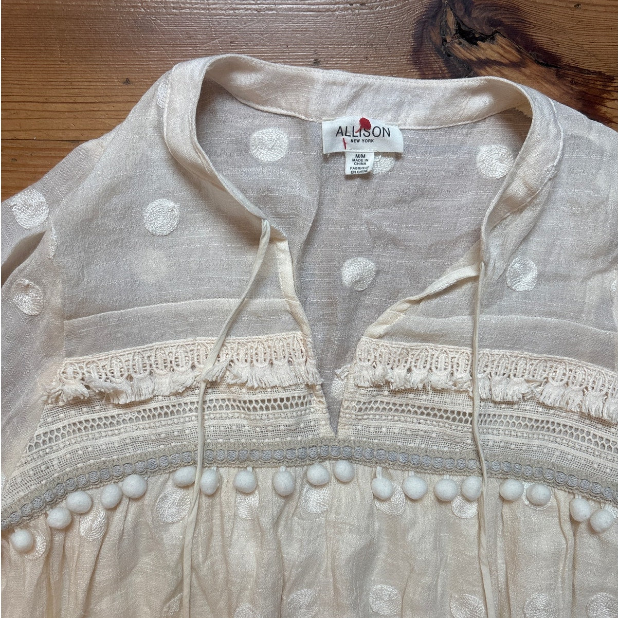 Allison off white pom pom embroidered polka dot ruffle shirt dress SIZE M