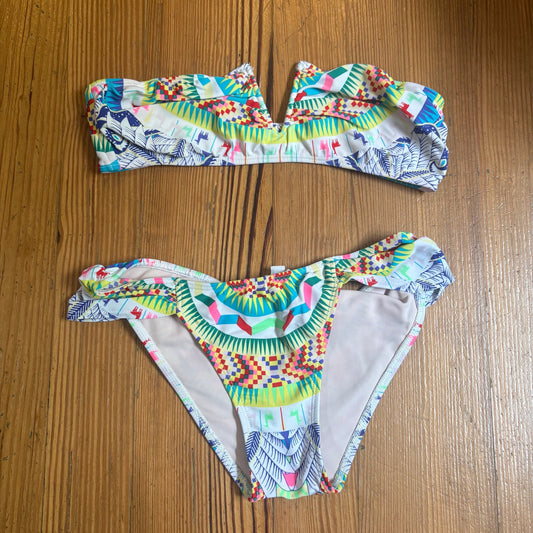 Mara Hoffman colorful strapless bandeau scalloped bikini swimsuit SIZE M