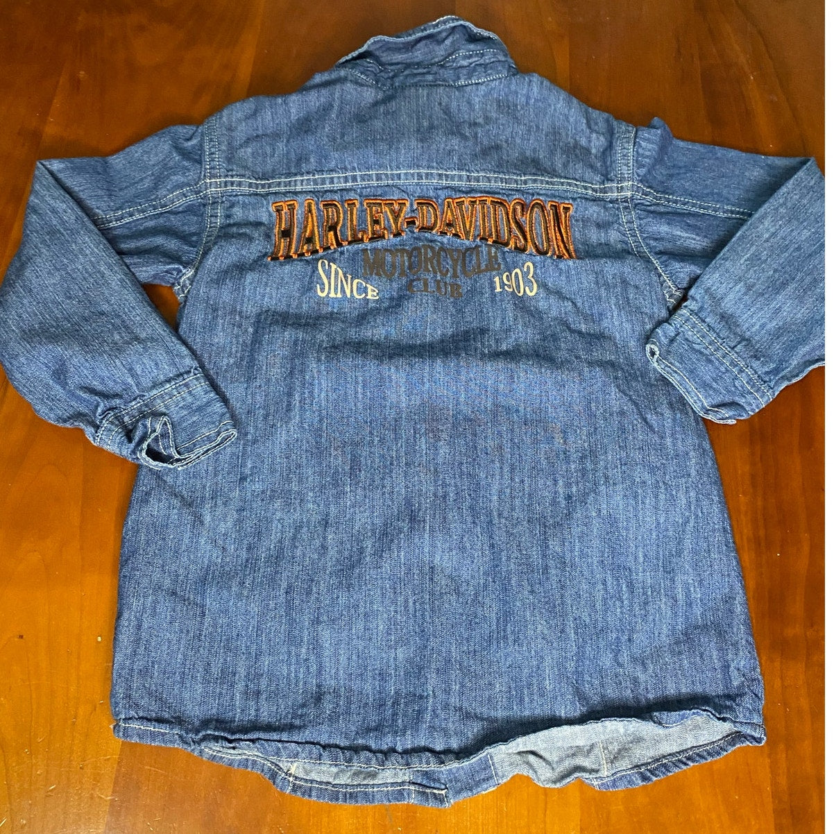 Harley Davidson medium wash denim jean logo long sleeve snap button shirt SIZE 5
