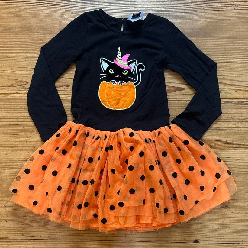 Counting Daisies Halloween cat long sleeve orange polkadot tutu dress SIZE 8