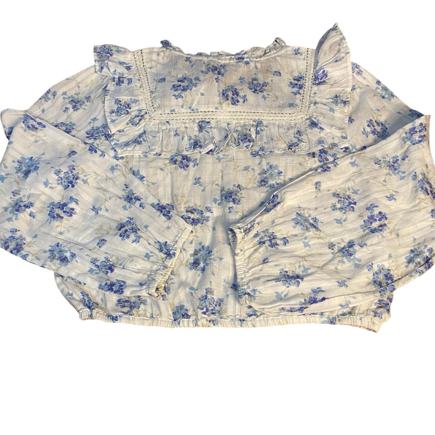 NWT LoveShackFancy white blue cottage ruffle long sleeve cropped shirt SIZE 12
