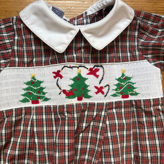Anavini red Christmas tree checkered holiday smocked bubble SIZE 18M