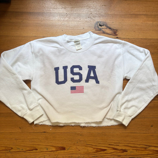 Gildan white USA flap cropped crew sweatshirt SIZE S