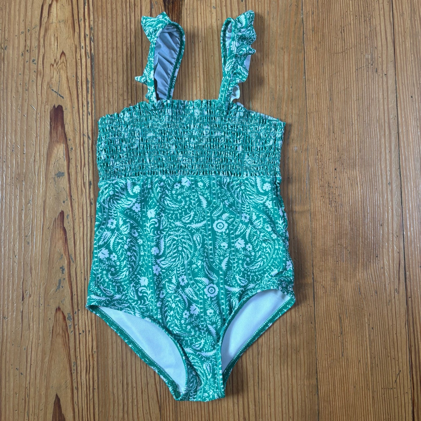 Crown & Ivy green white smocked ruffle strap swimsuit SIZE 6