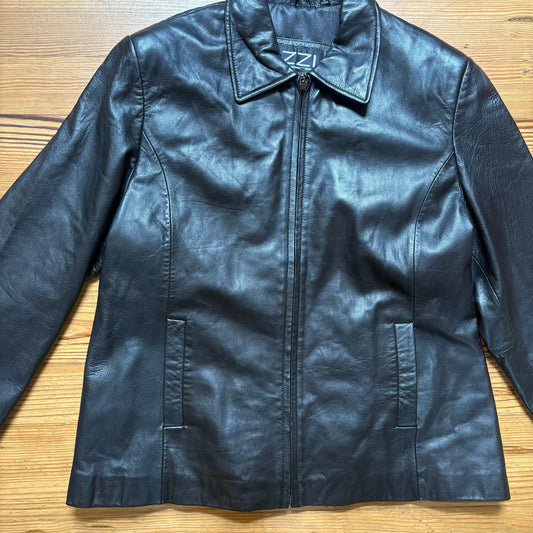 IZZI Collections black leather full zip collar bomber jacket SIZE L