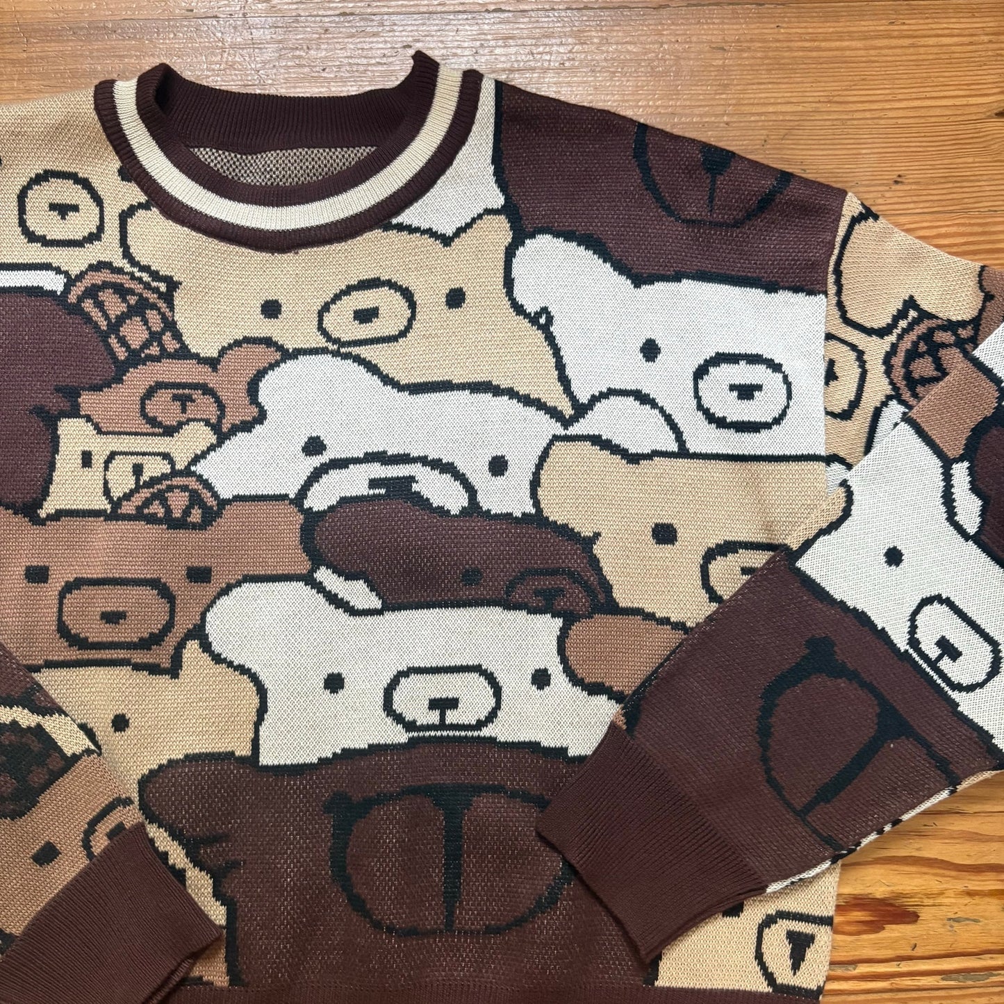 Shein brown cream teddy bear kidcore cropped crew sweater SIZE L