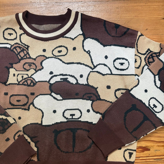 Shein brown cream teddy bear kidcore cropped crew sweater SIZE L