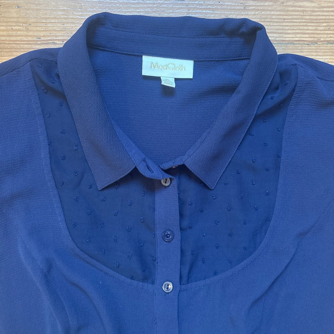 ModCloth dark blue button front flutter cap sleeve sheer accent dress SIZE XL