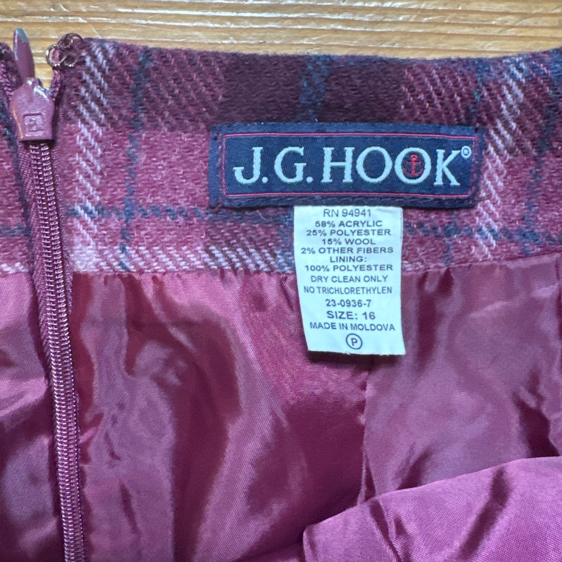 J.G. Hook VTG dark red black plaid wool blend mini skirt SIZE 16