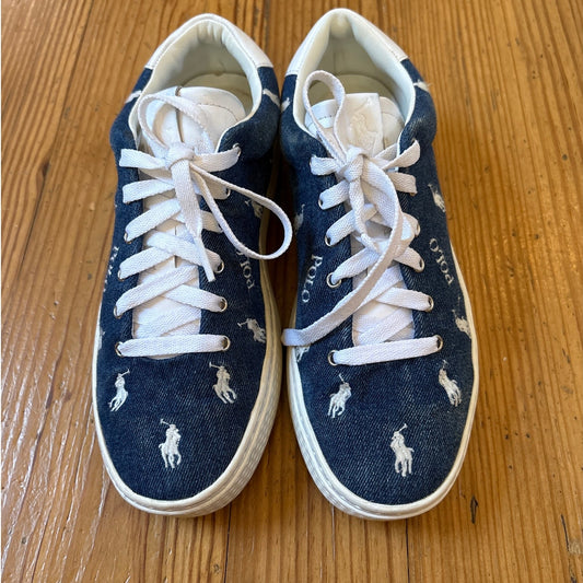Polo Ralph Lauren denim embroidered white pony low top lace sneakers SIZE 6.5