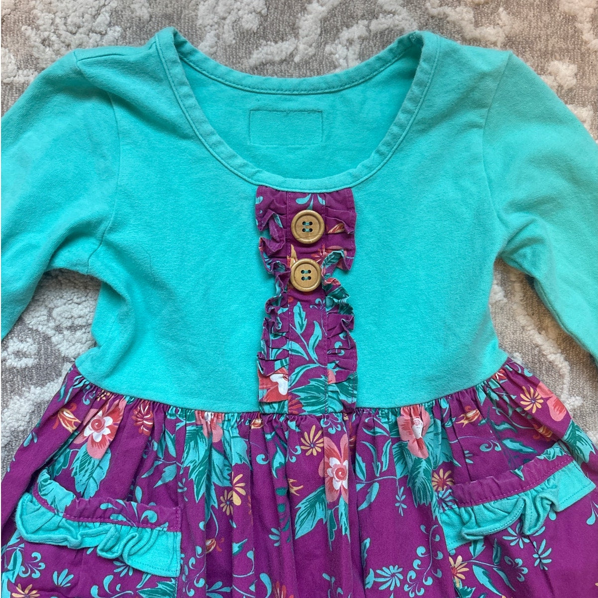 Eleanor Rose teal blue long sleeve purple floral ruffle fit flare dress SIZE 3/4