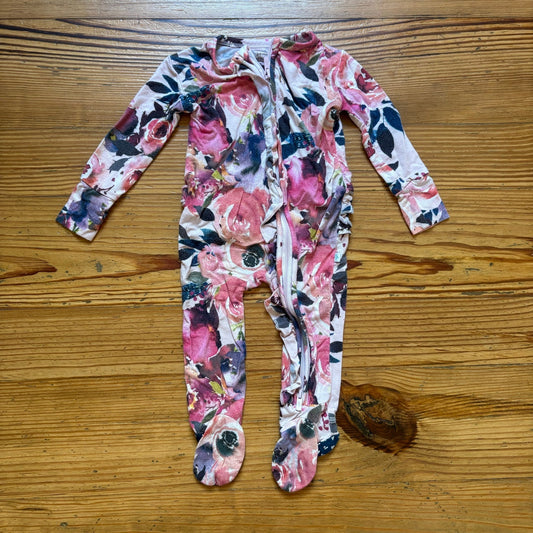 Posh Peanut pink purple floral bamboo full zip footed bodysuit SIZE 3-6M