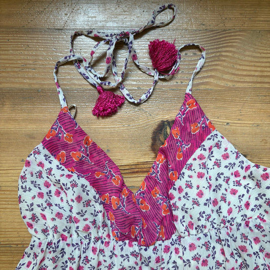 Old Navy 90s pink purple floral tassel halter knee midi dress SIZE M