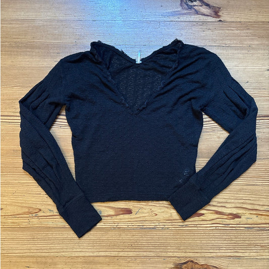 Free People black lace oversized cropped long sleeve shirt SIZE S