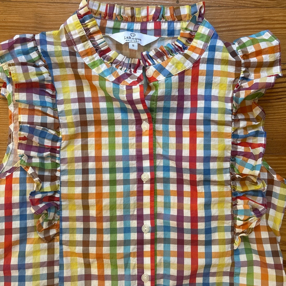 LaRoque Original sleeveless colorful check button ruffle neckline blouse SIZE S