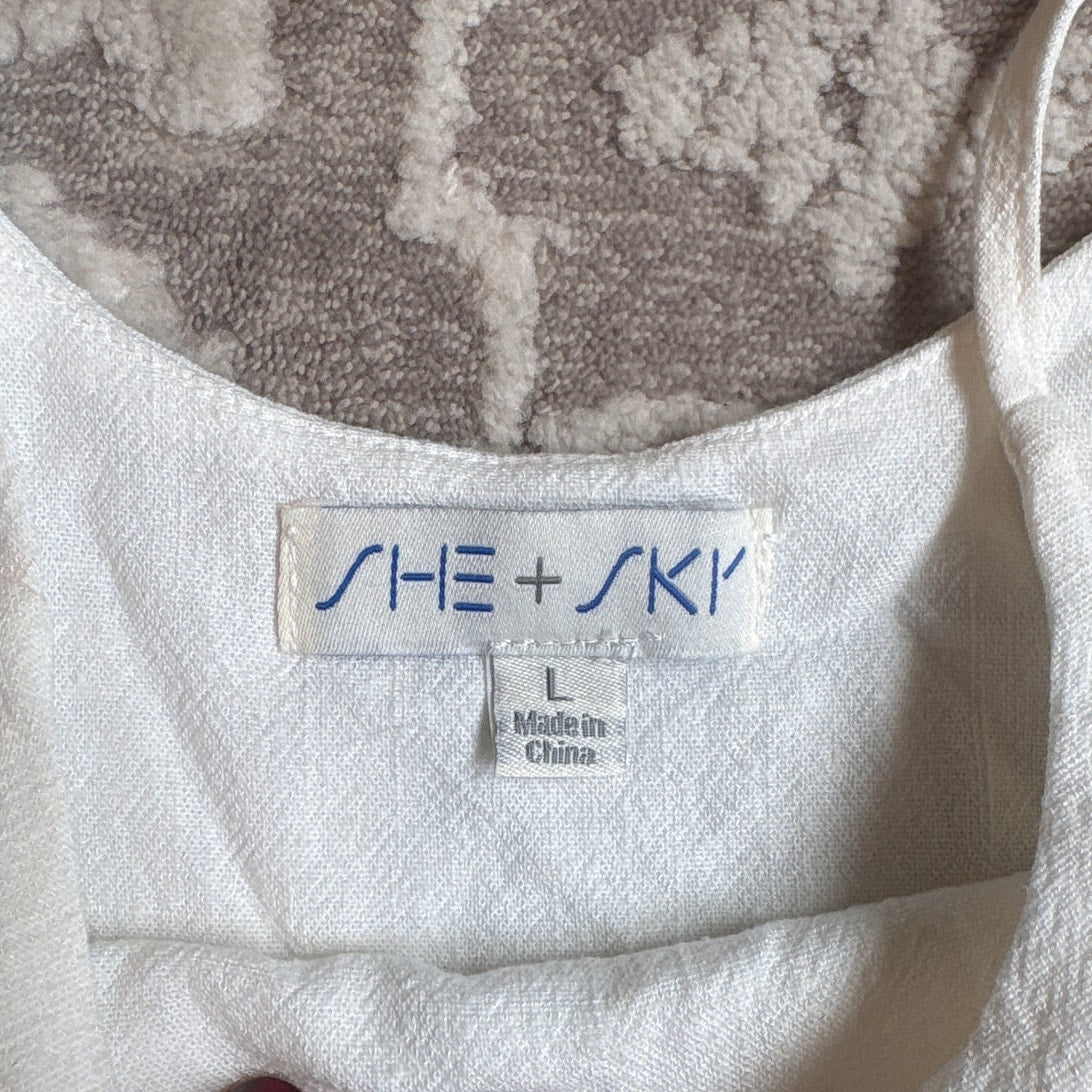 She + Sky white red blue trim tiered ruffle layered strap tank top SIZE L