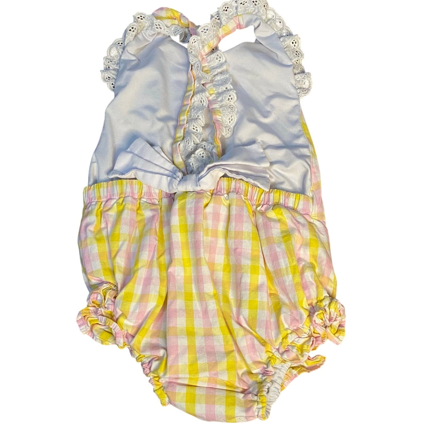 Pink yellow checkered ruffle lace hem cross bow back one piece swimsuit SIZE 3T