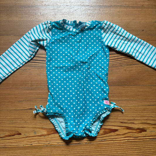 Ruffle Butts blue white polka dot striped long sleeve rashguard swimsuit SIZE 3T