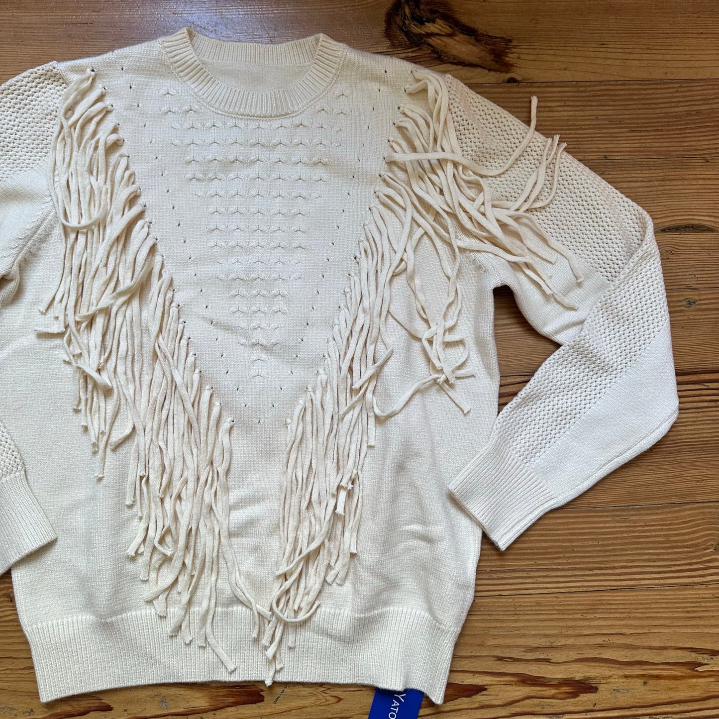 NWT cream western fringe knit crew sweater SIZE M
