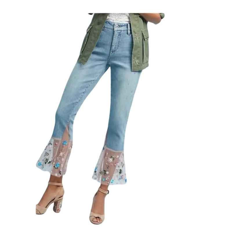 Est. 1946 light wash denim high rise cropped shher sequin flare hem SIZE 8