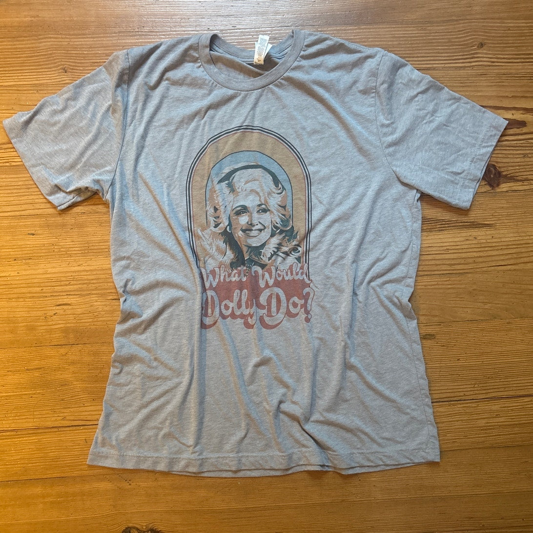 Dolly Parton gray What Would Dolly Do shirt sleeve graphic shirt SIZE XL