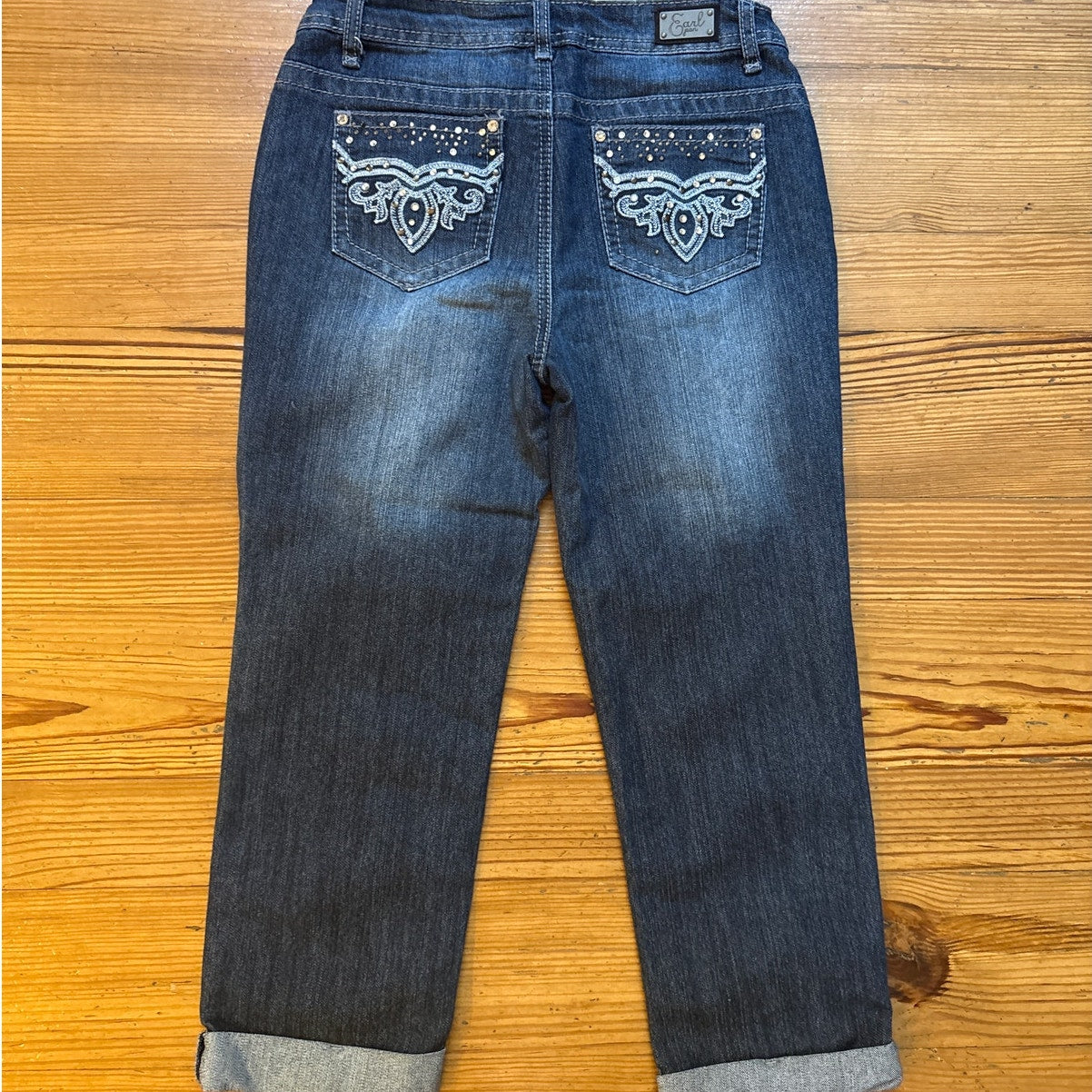 Earl Jean dark wash jeweled studded pocket cropped cuff jeans SIZE 6