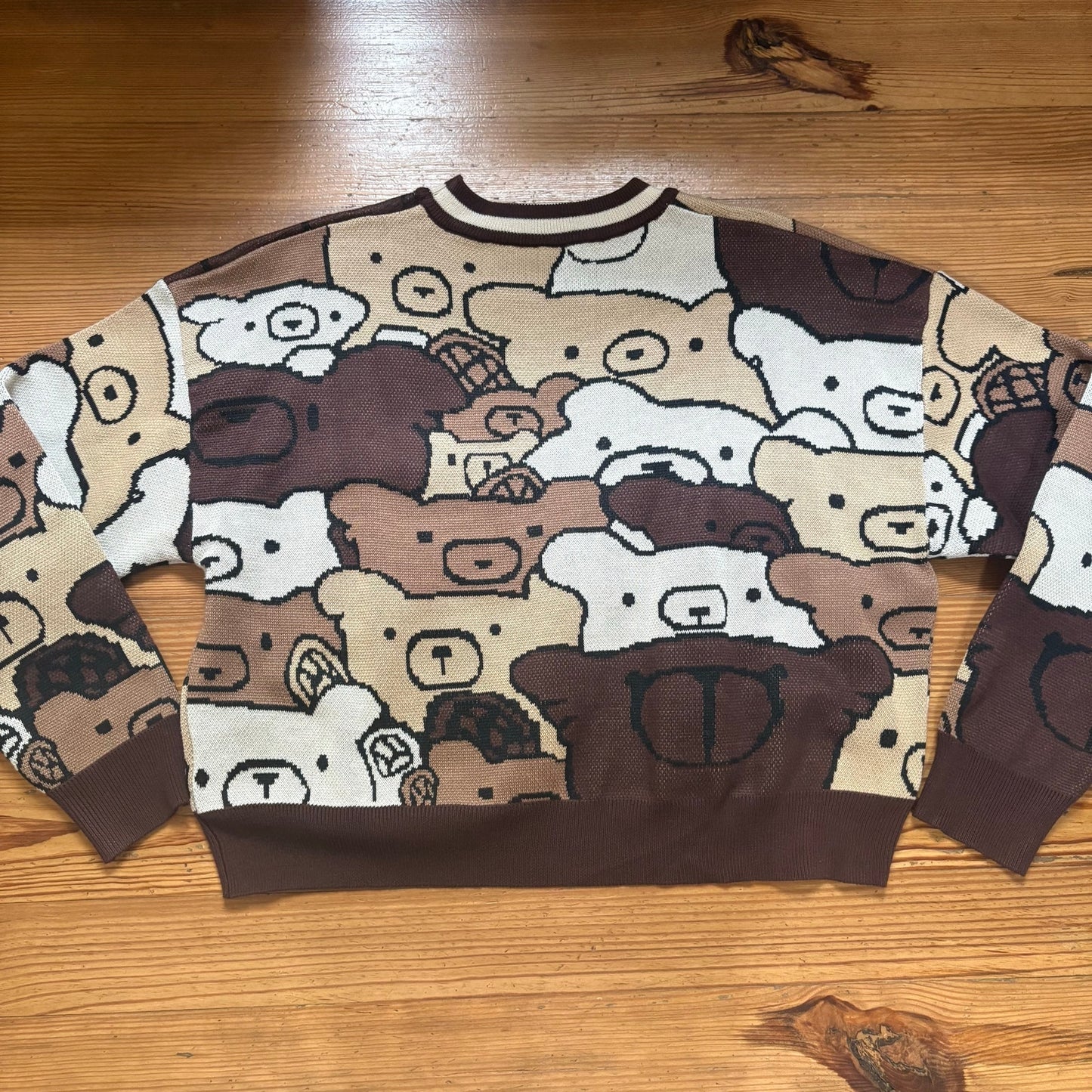 Shein brown cream teddy bear kidcore cropped crew sweater SIZE L