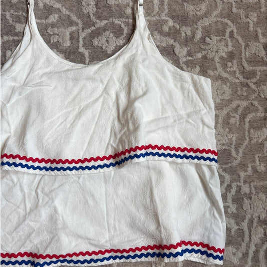She + Sky white red blue trim tiered ruffle layered strap tank top SIZE L