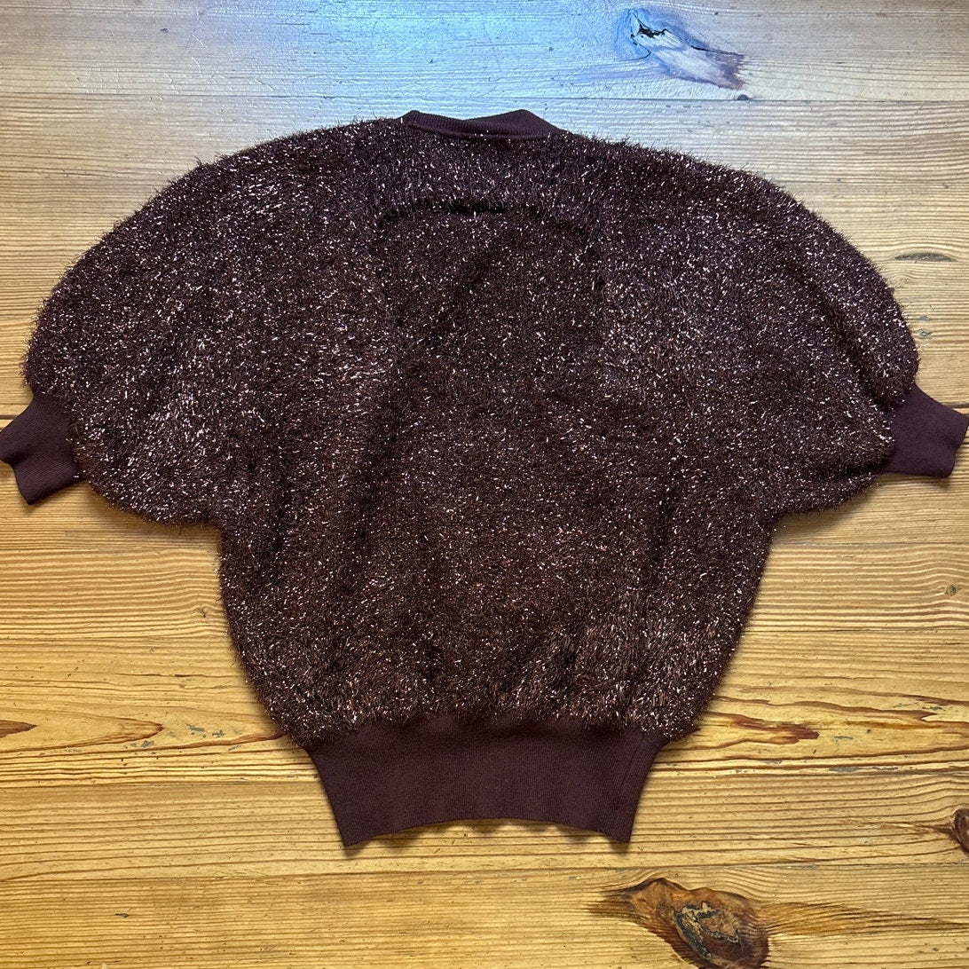 Anthropologie Maeve Violetta brown short sleeve tinsel open back sweater SIZE M