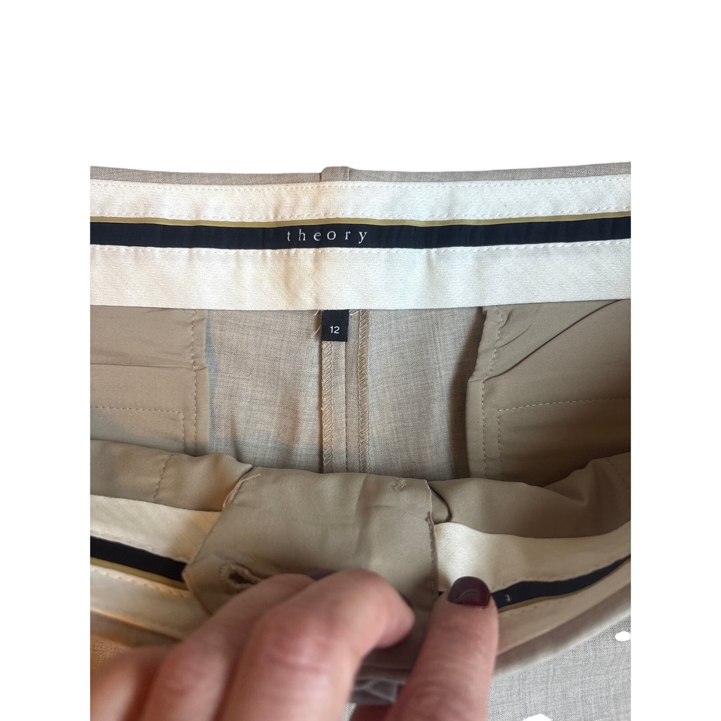 Theory beige wool straight leg mid rise trouser pants SIZE 12