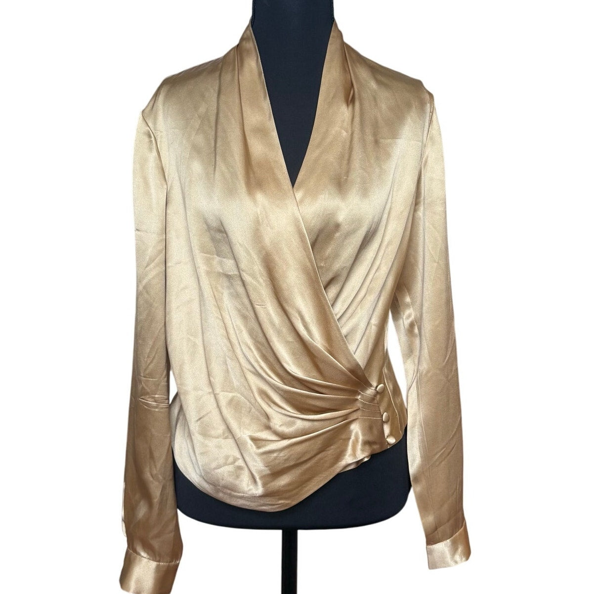 Peck & Peck gold silk long sleeve plunge neckline wrap top SIZE 4