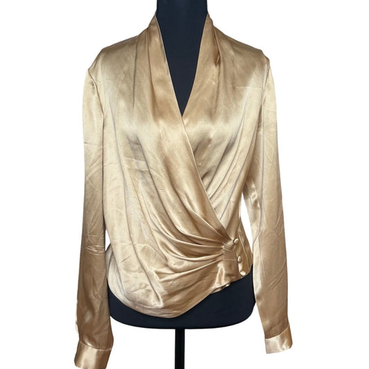 Peck & Peck gold silk long sleeve plunge neckline wrap top SIZE 4