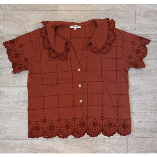 Madewell rust embroidered eyelet cottage collared short sleeve blouse SIZE S