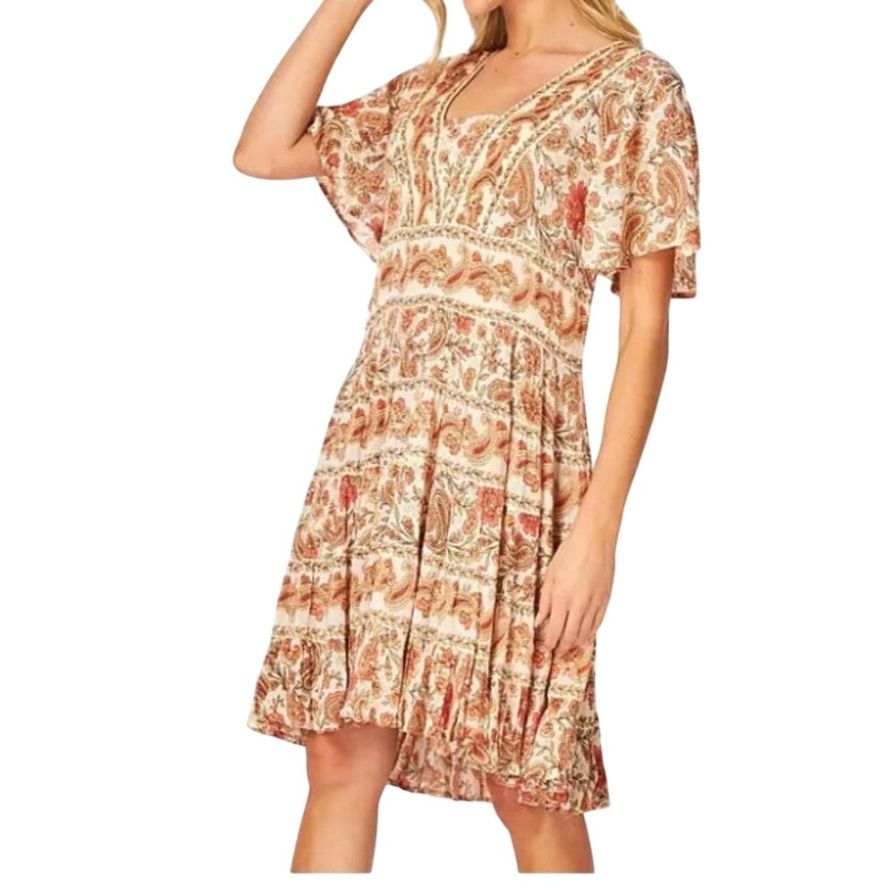 BILA orange floral short flutter sleeve dress SIZE S