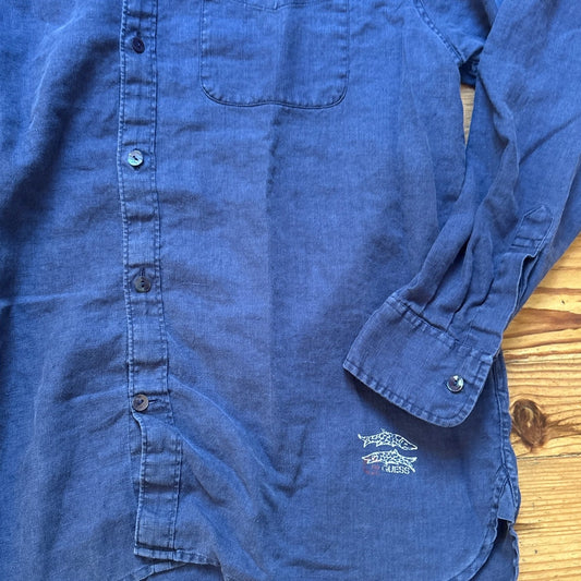 Guess 90s linen dark blue fish long sleeve mens button up shirt SIZE XL
