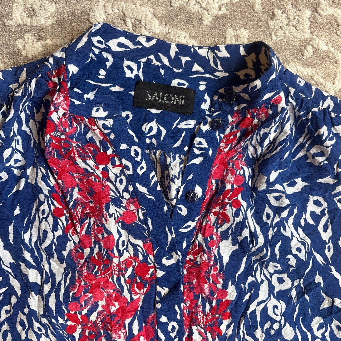 Saloni blue pattern silk drop waist sleeveless button dress SIZE L