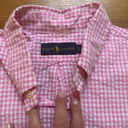 Ralph Lauren pink white check seersucker short sleeve button up shirt SIZE L