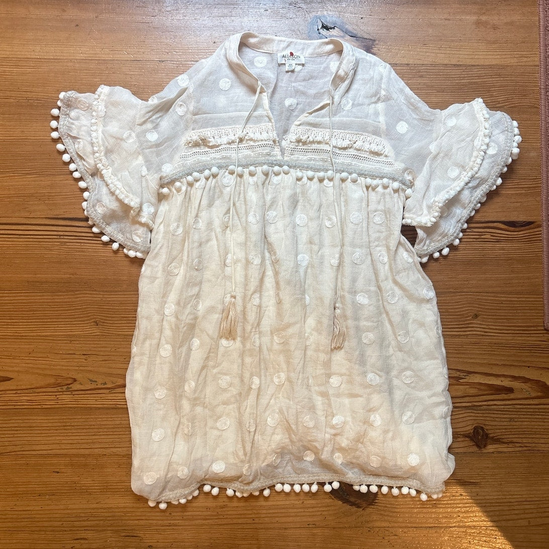 Allison off white pom pom embroidered polka dot ruffle shirt dress SIZE M