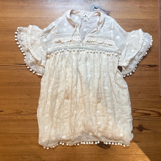 Allison off white pom pom embroidered polka dot ruffle shirt dress SIZE M