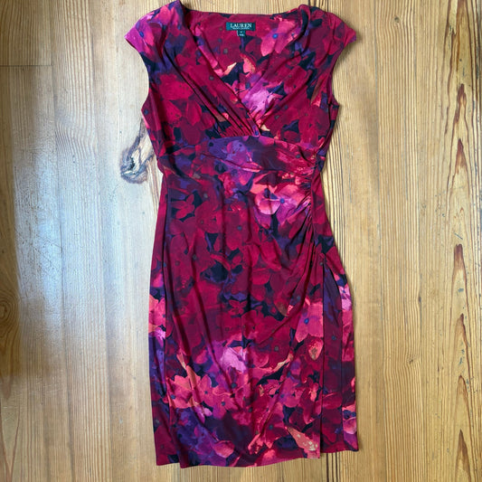 Ralph Lauren pink red floral cap sleeve ruched waist womens dress SIZE 4