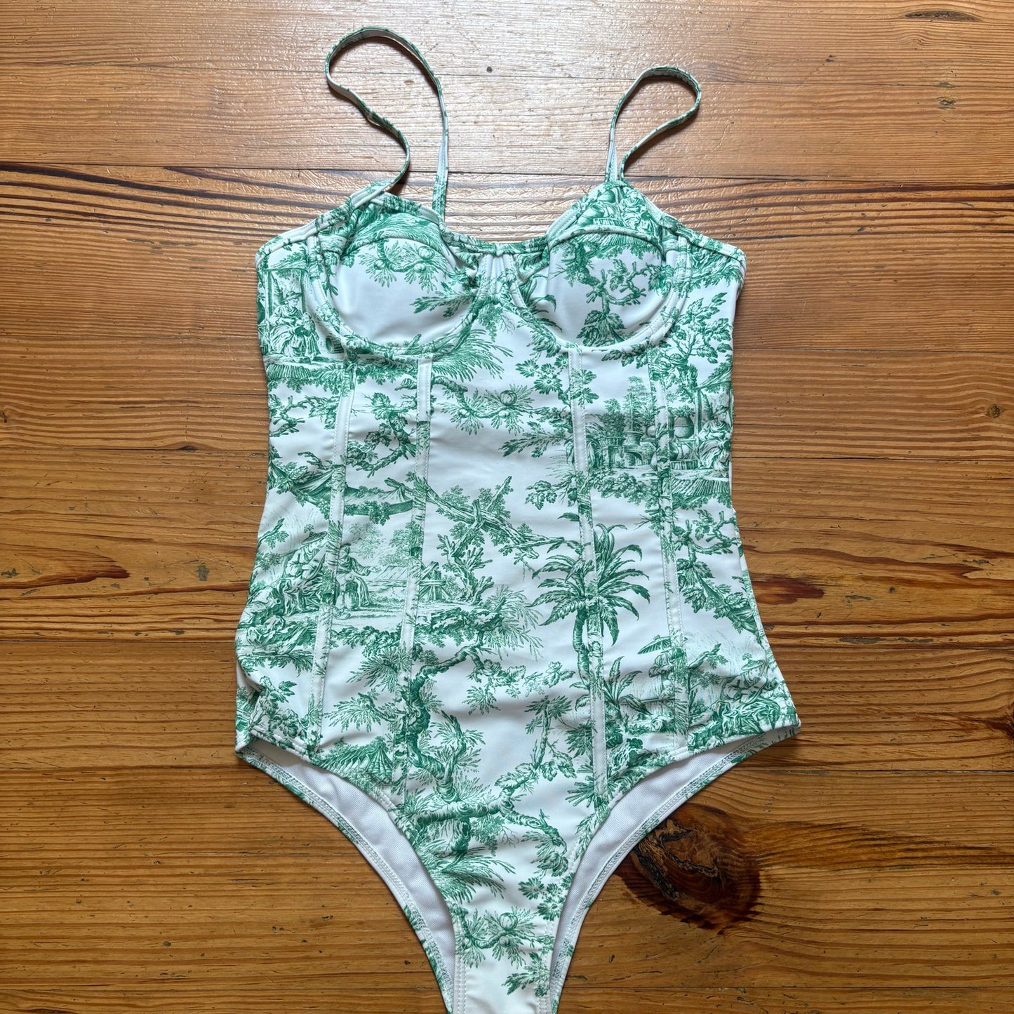 Shein white green French Toile print bustier one piece swimsuit SIZE M