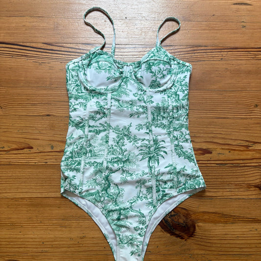 Shein white green French Toile print bustier one piece swimsuit SIZE M