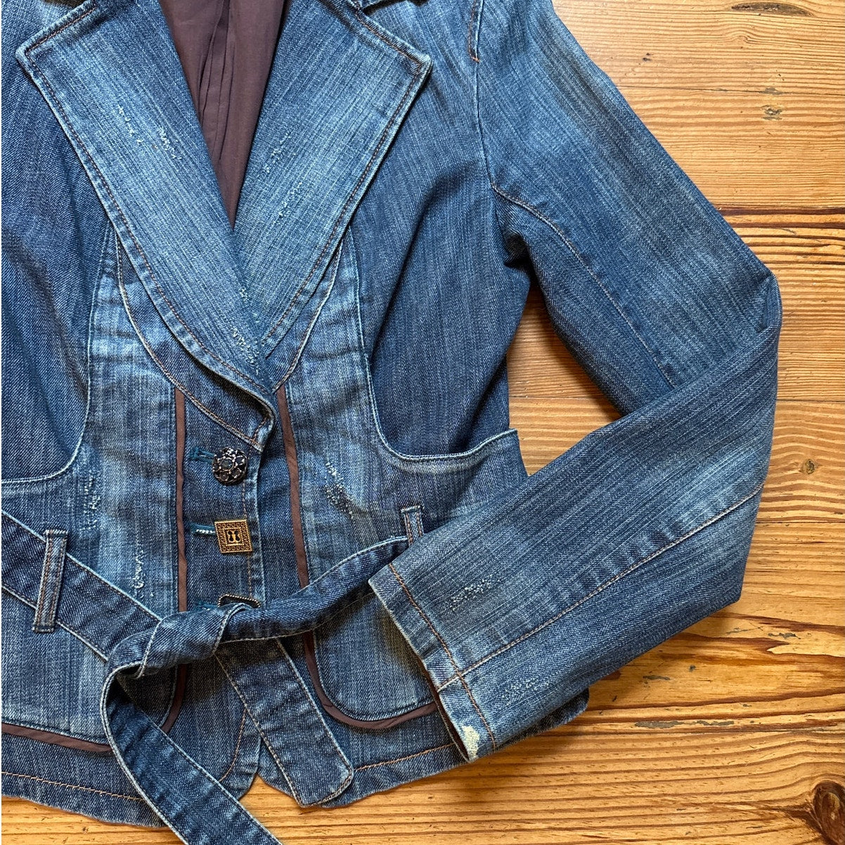 Y2k Cache dark wash belted jeweled button denim blazer jacket SIZE 2