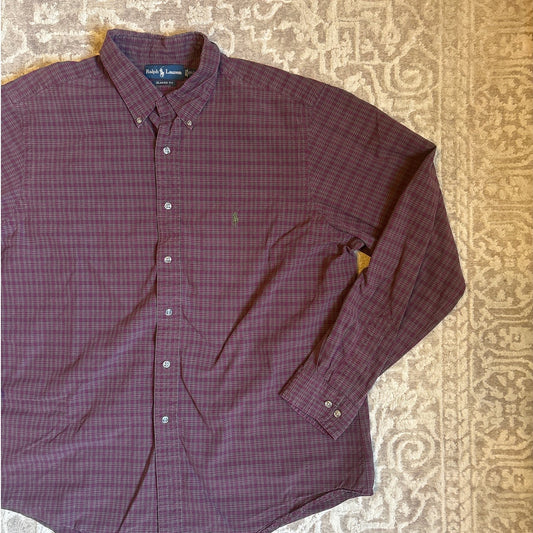 Ralph Lauren dark red green plaid long sleeve classic mens dress shirt SIZE XL